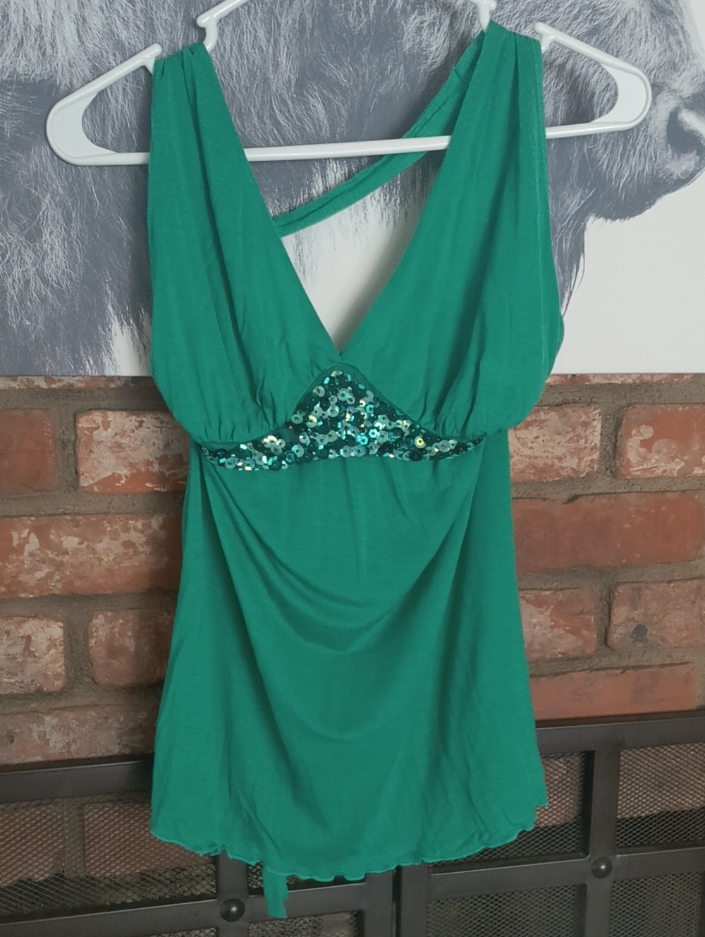 Lush Emerald Green Sequin-Trim V-Neck Tank Top